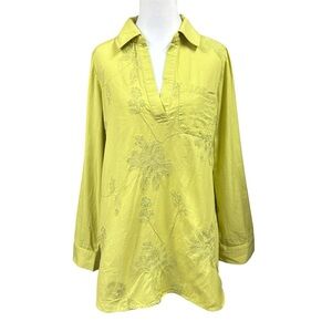 Soft Surroundings Green Livvie Linen Blend Floral Embroidered Roll Tab Tunic